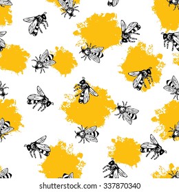 Vector seamless hand drawn honey bee pattern. Graphic illustration.
