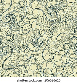 Vector seamless hand drawn natural decorative floral ornamental pattern.