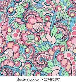 Vector seamless hand drawn natural decorative floral ornamental pattern.  Seamless pattern can be used for wallpaper, pattern fills, web page background,surface and fabric textures.