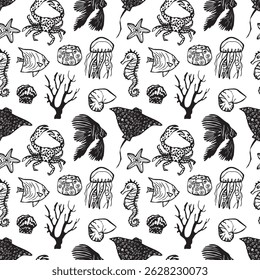 Vector seamless hand drawn outline pattern with stingrays, fish and seahorses