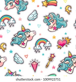 Vector seamless hand drawn pattern with cute adorable unicorns, clouds, rainbow and stars in cartoon style. Magic background with little unicorns.