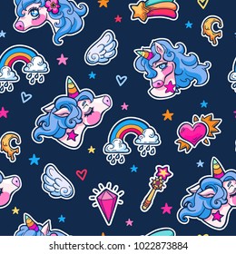 Vector seamless hand drawn pattern with cute adorable unicorns, clouds, rainbow and stars in cartoon style on dark. Magic childish background with little unicorns.
