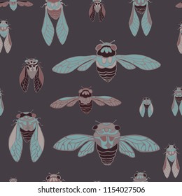 Vector seamless hand drawn pattern. Insects on dark purple background. Cute turquoise cicadas. Japanese motif.