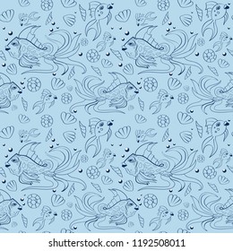 Vector seamless hand drawn pattern with cute fishes, shells and bubbles. Wallpaper, background for website, print on fabric.