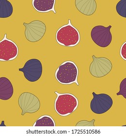 Vector seamless hand drawn pattern of fig. Tropical exotic fruits pattern on yellow background. Colorful background for wrapping paper, textile, stationary prints.