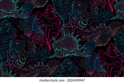 Vector seamless hand drawn pattern, isolated colorful line art of sea shells, corals and starfishes on black background. Endless texture with marine elements silhouettes.