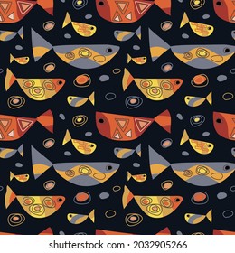 The vector seamless hand drawn pattern with decorative fish and doodle elements. blue, yellow, orange, red colors on the dark background. Triangles and ovals.For the design of textiles, paper,notebook