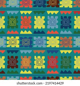 The vector seamless hand drawn pattern with abstract ethnic elements. Red, green, yellow, blue colors. African stile. Green background. For fabric, textile, design, wrapping paper.