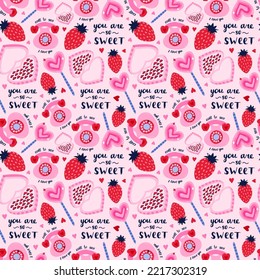 Vector seamless hand drawn pattern with strawberry, lollipop, strawberry, lettering, heart shaped box of chocolates. Valentine's day illustrations. For wrapping paper, bedclothes, notebook, packages