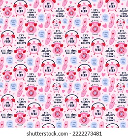 Vector seamless hand drawn pattern with retro flip mobile with message bubble, retro phone, alarm o'clock, lettering. Valentine's day illustrations. For wrapping paper, bedclothes, notebook, packages