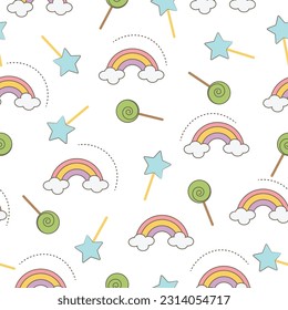 Vector seamless hand drawn pattern with cute cartoon rainbows in pastel colour