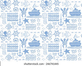 Vector seamless hand drawn pattern of marine animals, fishes, ship and waves.