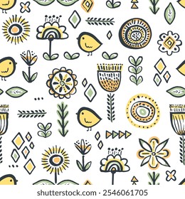 Vector seamless hand drawn pattern with Little chicks among flowers. Simple and elegant print with cute baby birds and flowers