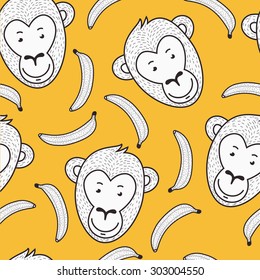 Vector seamless hand drawn pattern. Smiling monkey face and banana. 2016 New Year yellow and white background.