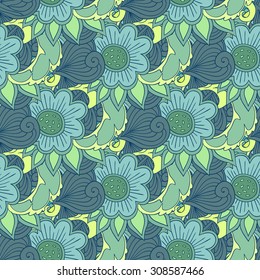 Vector seamless hand drawn pattern with decorative sunflowers in blue colors