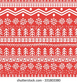 Vector seamless hand drawn pattern in red and white colors. Christmas or New Year doodle ornament. Trendy background design concept for greeting cards, print, holiday package and wrapping.