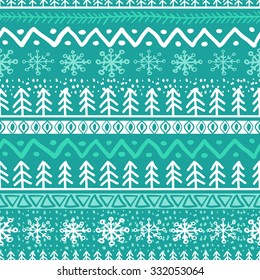 Vector seamless hand drawn pattern in turquoise blue and white colors. Christmas or New Year doodle ornament. Trendy background design concept for greeting cards, print, holiday package and wrapping.