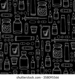 Vector seamless hand drawn pattern on the theme of pharmacy, medicine, health on black color. Background for use in design, packing, textile, fabrics