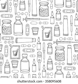 Vector seamless hand drawn pattern on the theme of pharmacy, medicine, health on white color. Background for use in design, packing, textile, fabrics