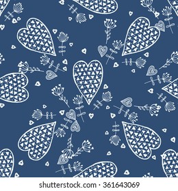 Vector seamless hand drawn pattern with flowers and hearts.