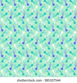 Vector seamless hand drawn pattern with stars, comets and sky in doodle style. Funky background with fireworks and holiday lights. Kids, childish print for textile design or room decor in mint green