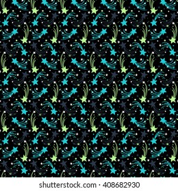 Vector seamless hand drawn pattern with falling stars, comets and sky in doodle style. Funky ditsy background with fireworks and holiday lights. Childish, cute print for kids textile design on black