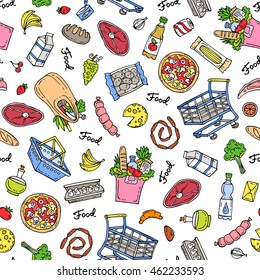 Vector seamless hand drawn pattern. Pattern on the theme of food - dairy products, beverages, vegetables, fruits, meat products, sausages, bread, pizza. Background for use in design