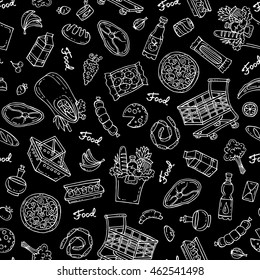 Vector seamless hand drawn pattern on black color. Pattern on the theme of food - dairy products, beverages, vegetables, fruits, meat products, sausages, bread, pizza. Background for use in design