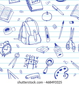 Vector seamless hand drawn pattern. Back to school doodles on ruled paper. For typography, textile, etc.