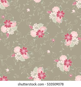Vector seamless hand drawn pattern of daisy, lilly, chrysanthemum and leaves. Floral vintage background for textile or book covers, manufacturing, wallpapers, print, gift wrap and scrapbooking