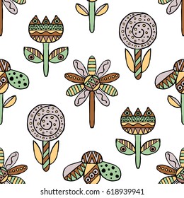 Vector seamless hand drawn pattern, decorative stylized childish flowers Doodle style, graphic illustration Ornamental cute hand drawing in brown colors Series of doodle, cartoon, sketch illustrations