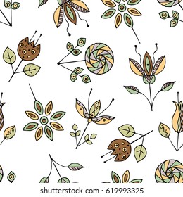 Vector seamless hand drawn pattern, decorative stylized childish flowers Doodle style, graphic illustration Ornamental cute hand drawing in brown colors Series of doodle, cartoon, sketch illustrations