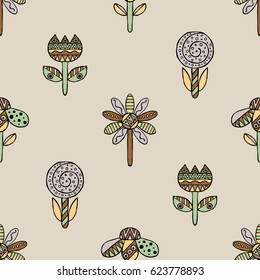 Vector seamless hand drawn pattern, decorative stylized childish flowers Doodle style, graphic illustration Ornamental cute hand drawing in brown colors Series of doodle, cartoon, sketch illustrations