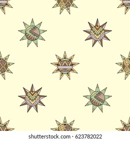 Vector seamless hand drawn pattern, decorative stylized vintage childish tribal sun with lights. Doodle style, tribal graphic illustration Line drawing. Series of doodle, cartoon, sketch illustrations