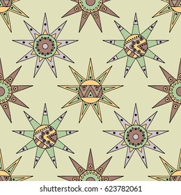 Vector seamless hand drawn pattern, decorative stylized vintage childish tribal sun with lights. Doodle style, tribal graphic illustration Line drawing. Series of doodle, cartoon, sketch illustrations