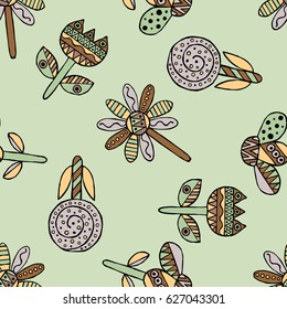 Vector seamless hand drawn pattern, decorative stylized childish flowers Doodle style, graphic illustration Ornamental cute hand drawing in brown colors Series of doodle, cartoon, sketch illustrations