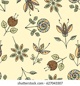 Vector seamless hand drawn pattern, decorative stylized childish flowers Doodle style, graphic illustration Ornamental cute hand drawing in brown colors Series of doodle, cartoon, sketch illustrations