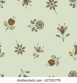 Vector seamless hand drawn pattern, decorative stylized childish flowers Doodle style, graphic illustration Ornamental cute hand drawing in brown colors Series of doodle, cartoon, sketch illustrations