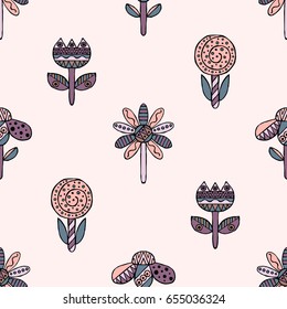 Vector seamless hand drawn pattern, decorative stylized childish flowers Doodle style, graphic illustration Ornamental cute hand drawing Series of doodle, cartoon, sketch illustrations