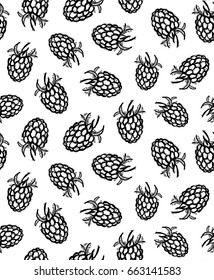 Vector seamless hand drawn pattern with blackberry. Hand painted. Black and white background / Vector illustration