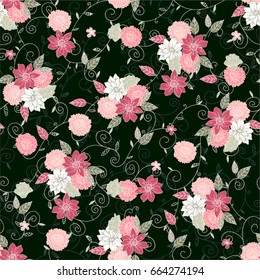 Vector seamless hand drawn pattern of daisy, lilly, chrysanthemum and leaves. Floral vintage background for textile, design, book and diary covers, wallpapers, print, gift packaging and scrapbook