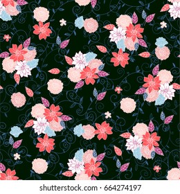 Vector seamless hand drawn pattern of daisy, lilly, chrysanthemum and leaves. Floral vintage background for textile, design, book and diary covers, wallpapers, print, gift packaging and scrapbook