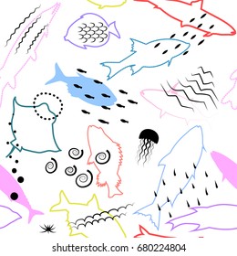 Vector seamless hand drawn pattern of colorful fish outlines and underwater structures on white background.