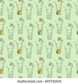 vector seamless hand drawn pattern with tropical cocktails