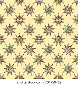 Vector seamless hand drawn pattern, decorative stylized vintage childish tribal sun with lights. Doodle style, tribal graphic illustration Line drawing. Series of doodle, cartoon, sketch illustrations