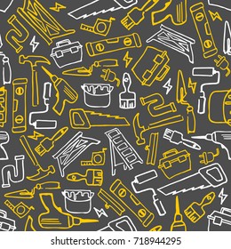 Vector seamless hand drawn pattern with building tools, saw, building level, brush, paint, tape roll, trowel, drill, putty knife, roll and other.

