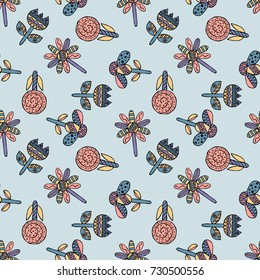 Vector seamless hand drawn pattern, decorative stylized childish flowers Doodle style, graphic illustration Ornamental cute hand drawing Series of doodle, cartoon, sketch illustrations