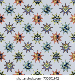 Vector seamless hand drawn pattern, decorative stylized vintage childish tribal sun with lights. Doodle style, tribal graphic illustration Line drawing. Series of doodle, cartoon, sketch illustrations