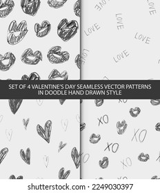 Vector seamless hand drawn patterns. Romantic backgrounds for Valentine's or wedding day. Endless texture for wallpaper, web page, wrapping paper and etc. Retro love style. Argyle, gift and hearts.