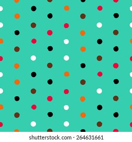 Vector seamless hand drawn polka dot pattern. Hand painted small texture in vintage 1960s fashion style and multiple colors - red, orange, aqua green. Modern hipster background with bright circles.